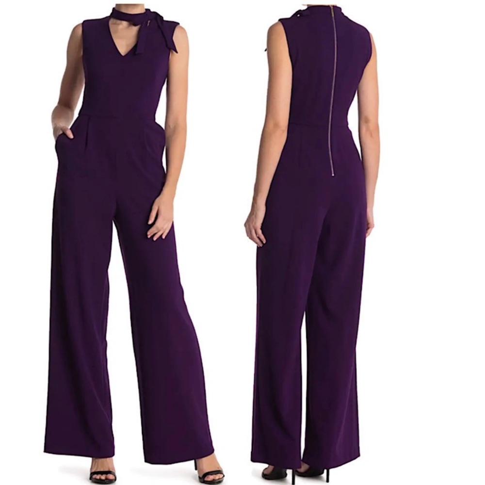 CALVIN KLEIN Sleeveless V-Neck Jumpsuit with Tie Neck
